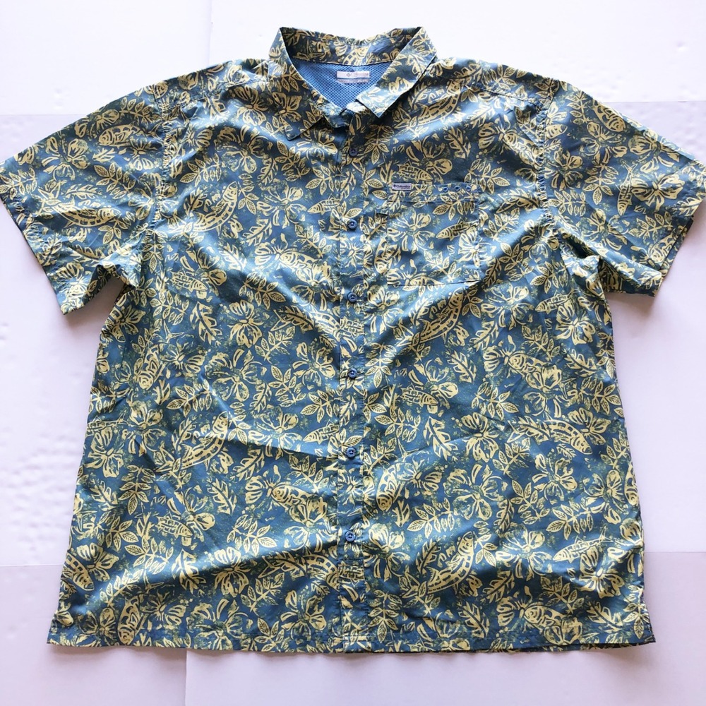 Columbia Shirt Mens XXL PFG Blue Yellow Tropical Fish Print Fishing Gear